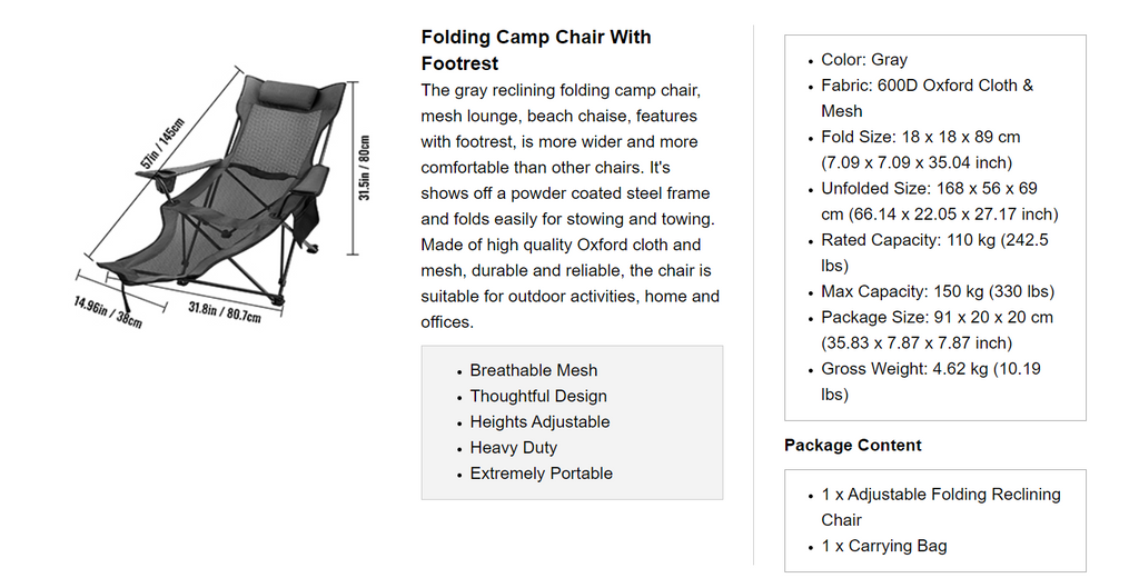 Summit Gear Reclining Camping Chair with Footrest