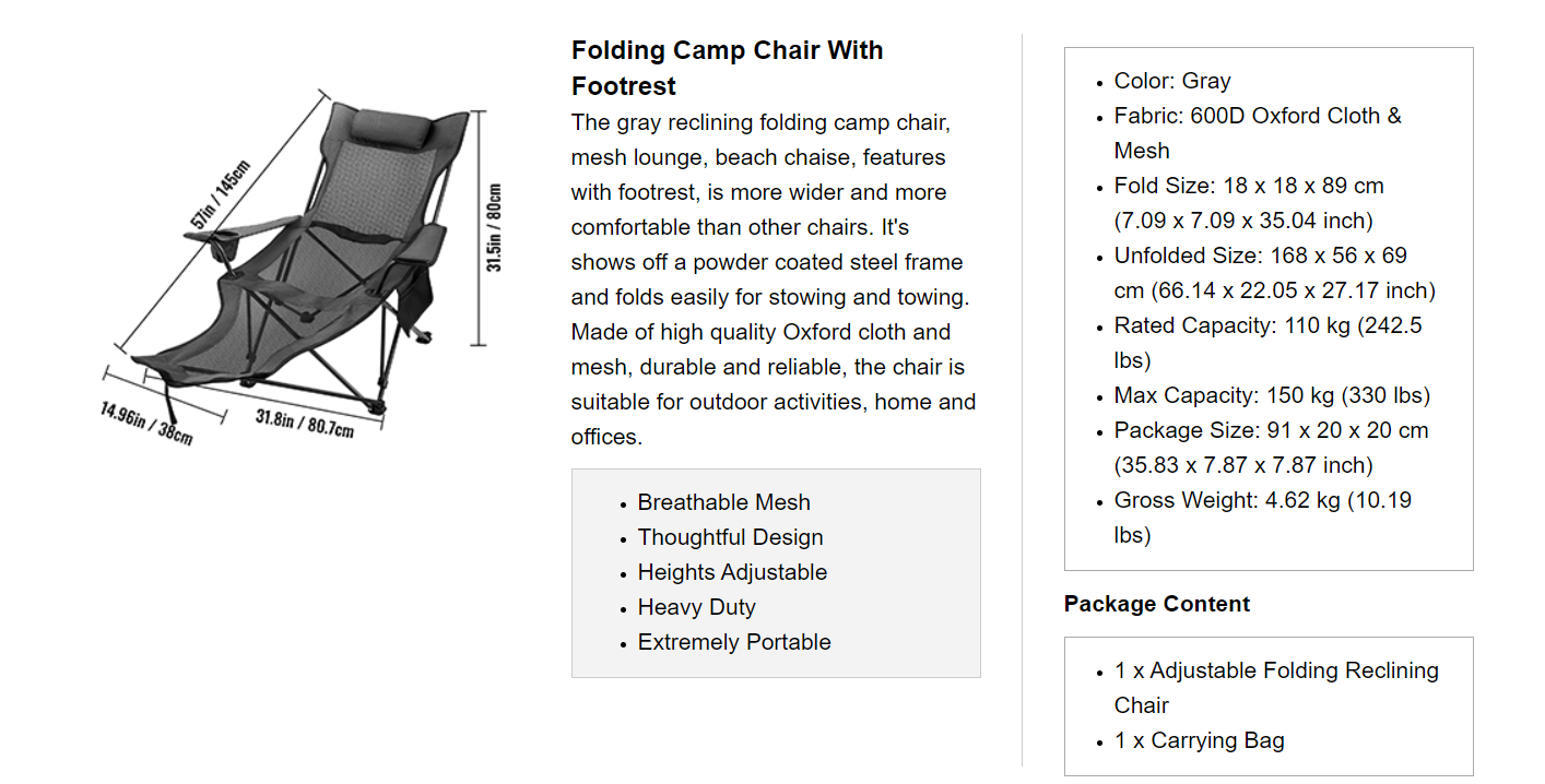 Summit Gear Reclining Camping Chair with Footrest